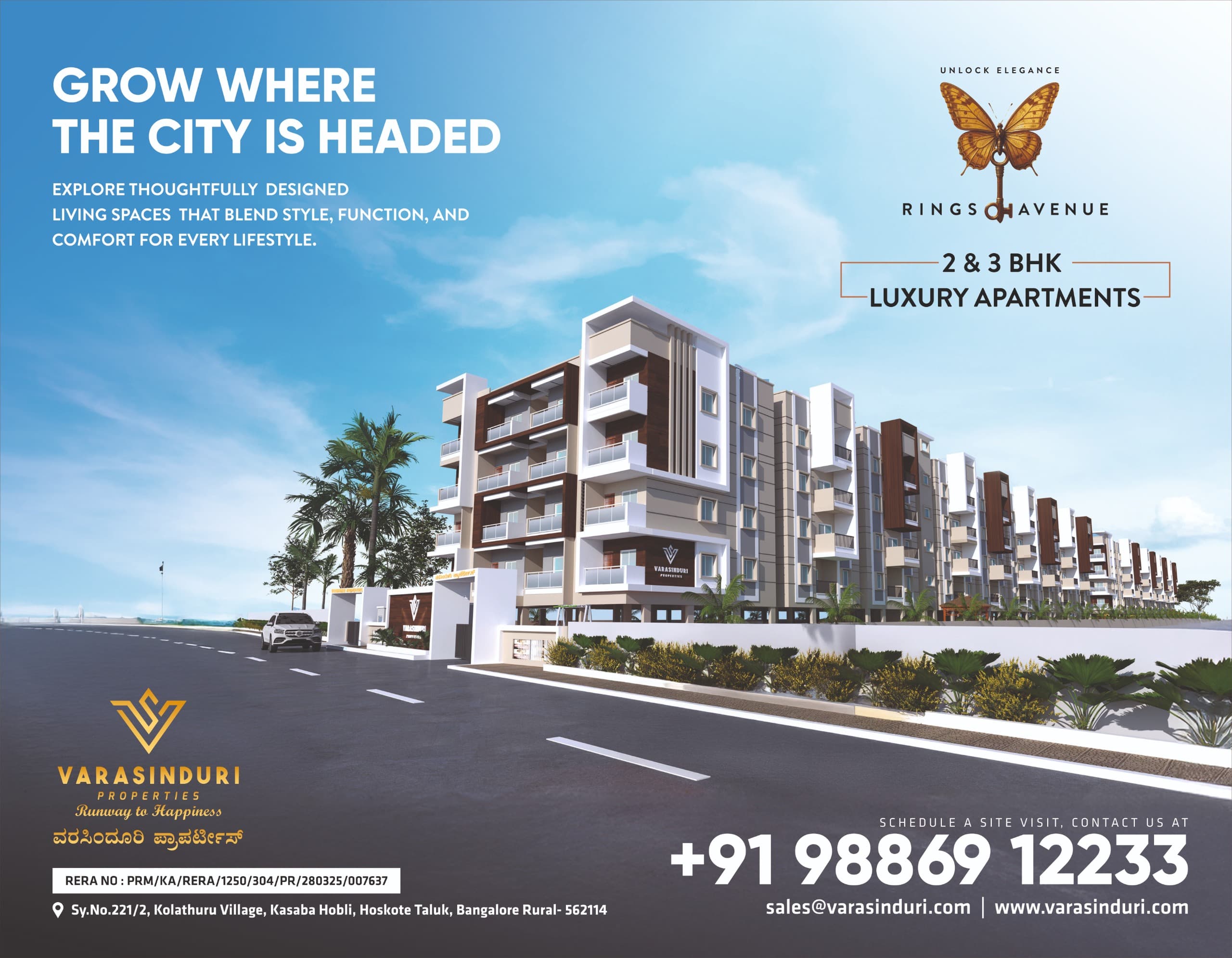 Exterior view of Rings Avenue, premium and affordable 2 & 3 BHK Apartments in Hoskote with modern design and green surroundings